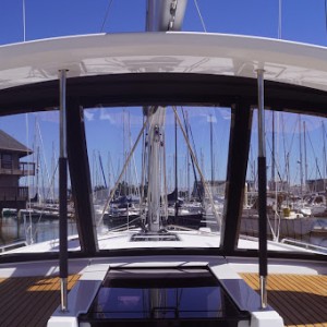 This Beneteau Oceanis 46 has large windows for clear visibility. Beneteau Oceanis 46 Dodger with window