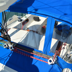 The large custom windows on this dodger make for superior visibility with lasting durability. Catalina 30 Dodger2