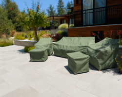 Poolside furniture covers, custom designed for a form fit in Sunbrella Fern