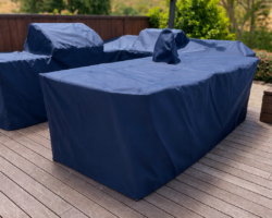 A custom outdoor kitchen cover in Navy Sunbrella