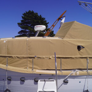Here is the Stephens 48 after it was fitted with a custom full boat cover from Compass Canvas. Each boat is unique, so each cover must be made special for the perfect fit. Stephens 48 After Full Boat Covers